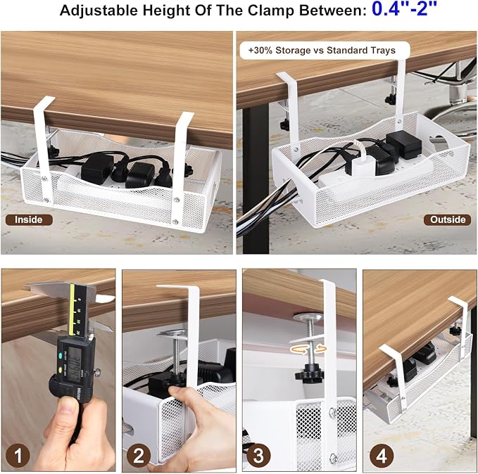 Extra Wide Under Desk Cable Management - 7inch No Drill Installation Cable Management Tray, Clamp/Screw Mount Desk Cable Management, Cable Management Tray for Office, Home((White, XL)