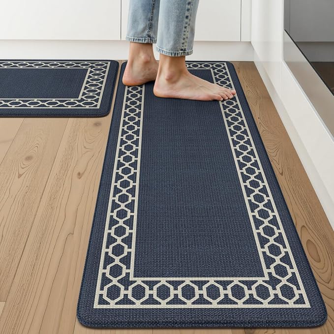 LEEVAN Anti Fatigue Kitchen Mats for Floor, Cushioned Kitchen Mat Set 2PCS | 17.3"x29"+17.3"x47", Boho Navy Blue Kitchen Rugs Non-Slip, Waterproof Ergonomic Standing Mats for Laundry, Office, Bar & Sink