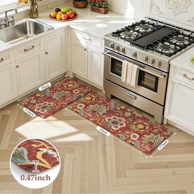 LEEVAN Anti Fatigue Kitchen Mats for Floor, Cushioned Kitchen Mat Set 2PCS | 17.3"x29"+17.3"x47", Boho Floral Coral Red Kitchen Rugs Non-Slip, Waterproof Ergonomic Standing Mat for Laundry, Office, Sink