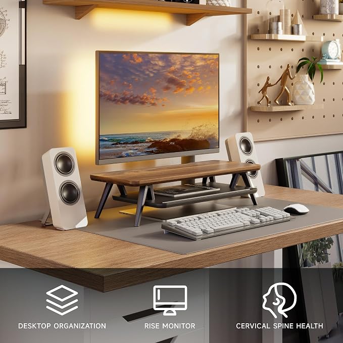 Fenge Monitor Stand Riser, Wooden Desk Shelf with 2-Tier Storage | 23.6-Inch Wide, Sturdy Aluminum Legs, Built-In Phone & Tablet Slot, Desktop Organizer for Office Accessories