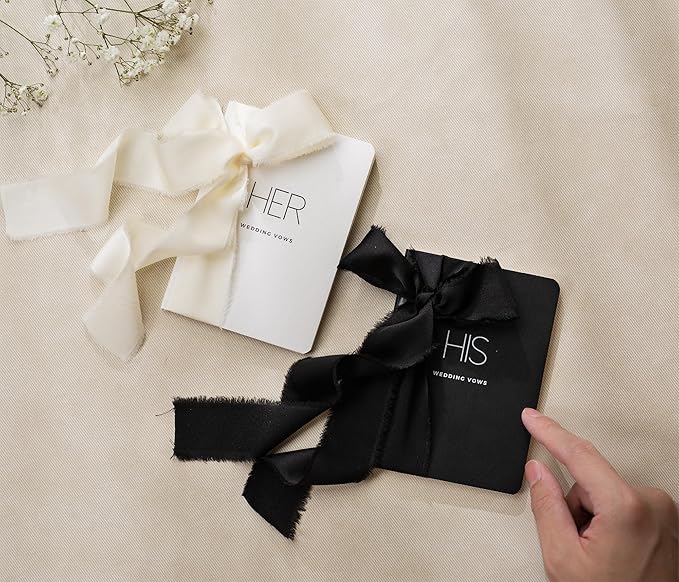 Black White His Her Slim Vow Books w/Ribbon (Set of 2) - 5.625 x 4" Minimalist Pocket Sized Modern Wedding Ceremony Vow Renewal Speech Notebook Journal