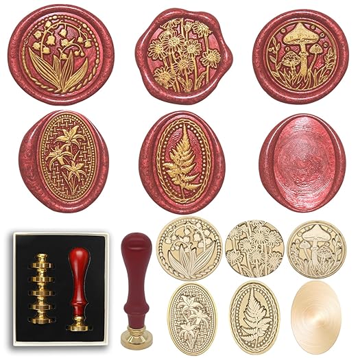 Wax Seal Stamp Kit, 6 Pcs Wax Seal Stamp Head 1 Wooden Hilt Letter Wax Seal Kit, Sealing Wax Stamp Seal Set Include Lily/Daisy/Mushroom/Oval Blank Envelope Sealing Wax Stamps for Wedding Invitation