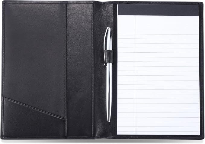 HISCOW Slim Leather Junior Padfolio, 5x8 Notepad Cover, Classic Black | Italian full-grain cowhide, top-loading legal pad holder, rigid pen loop, quick-access card slot, zipperless boardroom design