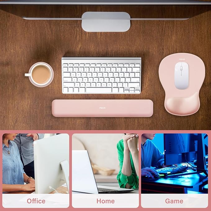 MOSISO Wrist Rest Support for Mouse Pad&Keyboard Set, Ergonomic Mousepad&Coaster, Non-Slip Base Home/Office Rectangular Easy Typing Cushion Pad with Soft Cloth&Curved Concave Memory Foam, Peach Fuzz