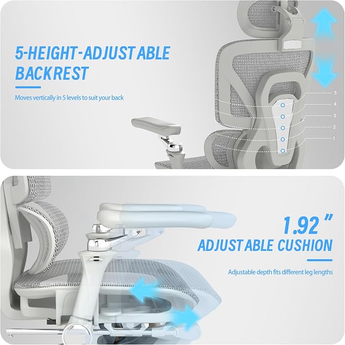 Ergonomic Office Chair with Footrest, High Back Mesh Computer Chair with Lumbar Support, 5-Level Backrest Height, 6D Flip-Up Arms for Home & Gaming Desk (Gray Mesh 3-Zone Lumbar Support+6d Armrest)