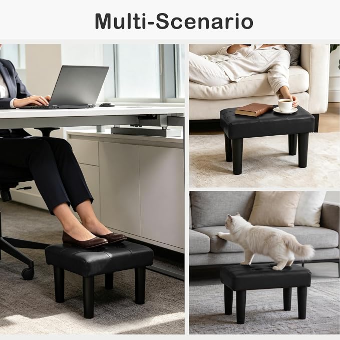 CAROLMADE Footstool Ottoman with Legs, PVC Small Foot Rest Under Desk, Ottoman with Storage for Living Room, Bedroom, Entryway Black