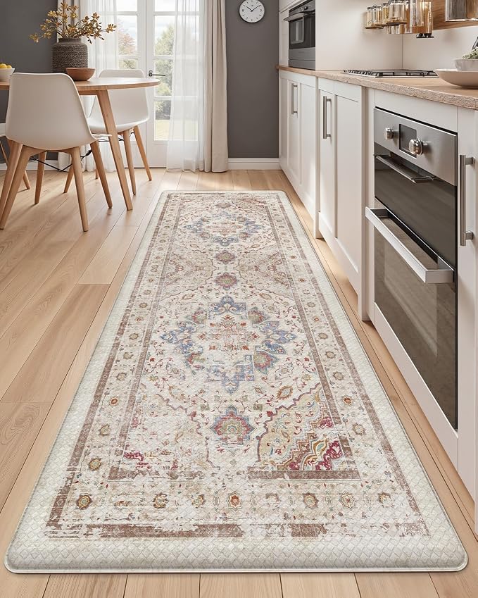 Color&Geometry Kitchen Floor Mat 24x87 Faded Vintage Anti Fatigue, Oatmeal | 0.4in Cushion Standing Mat For Cooking/Working/Laundry, Boho Decor, Non Slip PVC Kitchen Rug, Oil/Water Proof, Anti Slip