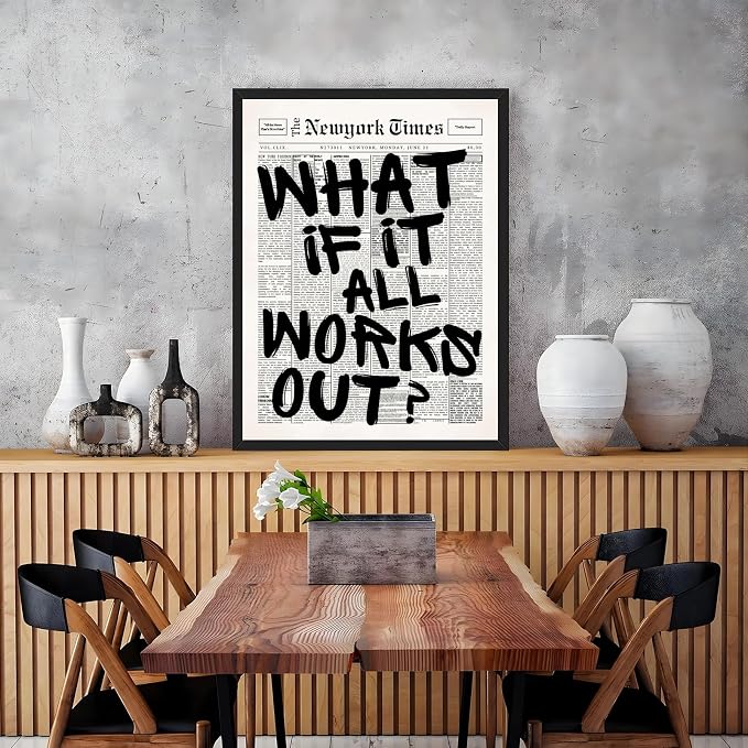 Vintage Black And White Newspaper Wall Art What If It All Works Out Canvas Poster Positive Affirming Quote Minimalist Prints Painting for Home Bedroom Living Room Wall Decor 16x24inch Black frame