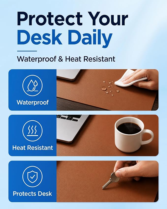 Aothia Double-Sided Desk Pad, 35.4" x 15.7"Leather Desk Mat, Eco Cork Desk Pad Protector,Large Mouse Pad,Waterproof Desk Blotter for Office/Home(Brown)