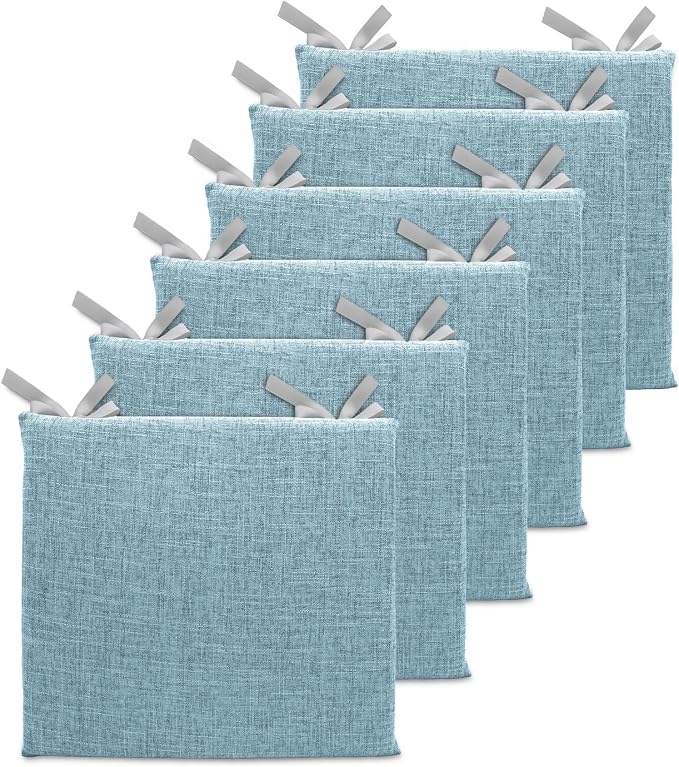 Lifup 6 Pack Chair Cushion Memory Foam Pads, Square Non-Slip Thick Dining Chair Cushions with Ties and Removable Cover for Home Office Restaurant Chair Pads Blue 15 x 14 Inch