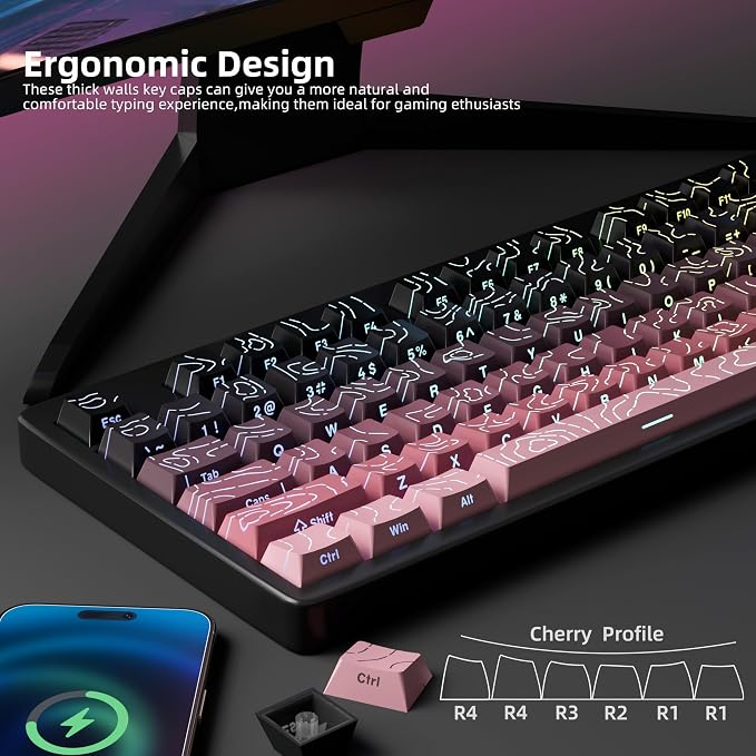 FunHub Shine Through PBT Keycaps - Pink Side Printed DoubleShot Keycaps Set 133 Keys 60 65 75 100 Percent Cherry Profile,Gradient Topographic RGB Backlit Key Caps for MX Full Size Mechanial Keyboards