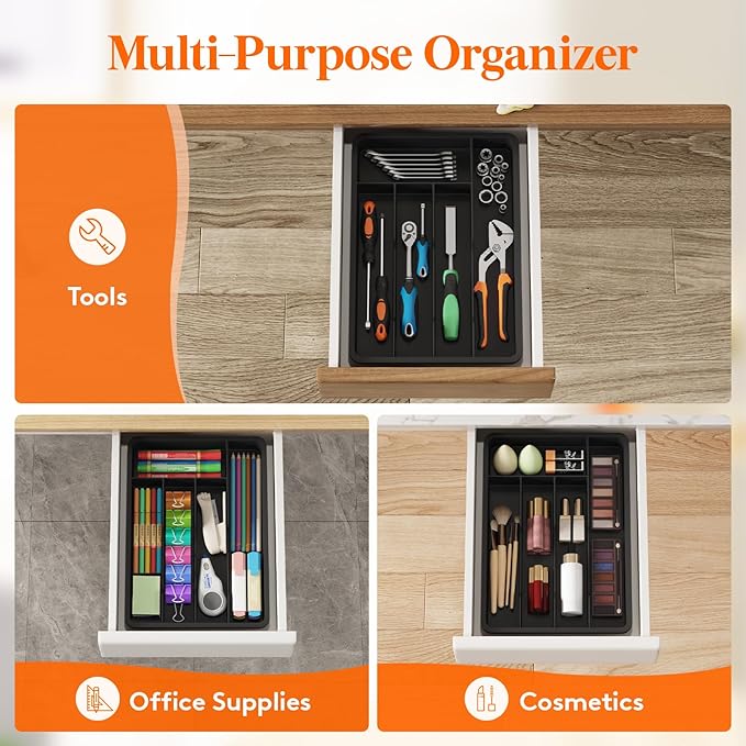 Lifewit Silverware Drawer Organizer Tray, Plastic Cutlery Storage for Kitchen, Flatware and Utensil Holder Divider for Spoons Forks Knives Tableware, 9.5 x 13.4", 5 Slots, Black
