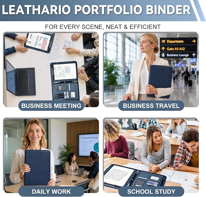 Leathario Portfolio Binder, Includes 5 Sheet Protectors and a Pen, 13 Inch Tablets Organizer, Vegan Leather A4 Padfolio, Multi-Pocket Notepad Business Planner Professional Document