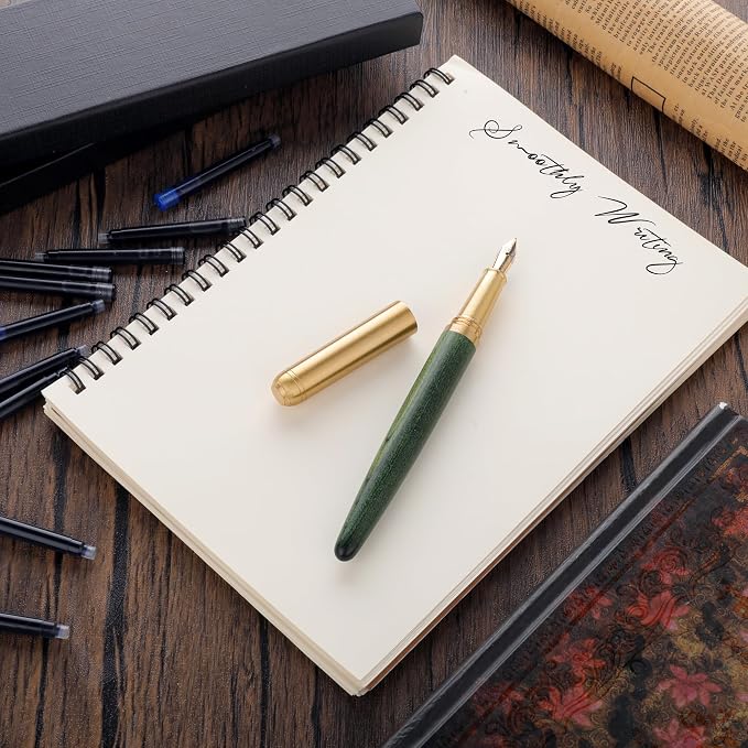 cobee Handcrafted Wooden Fountain Pens Set, Vintage Luxury Wood Fountain Pen 0.5mm Fine Point Smooth Writing Pen With 12 Ink 2.6 mm Cartridges and Gift Box for Journaling Calligraphy Supplies(D)