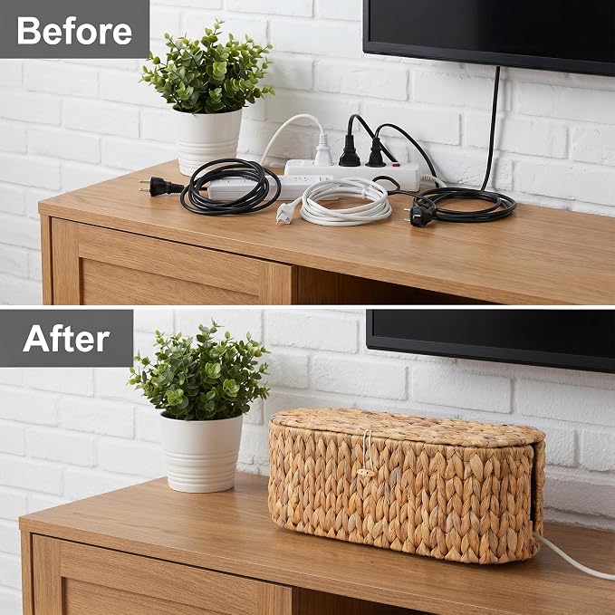 Set of 2 Cable Management Box, Handwoven Cord Hider Box with 3 Open Slots | Cable Organizer Box with Lockable Lid, Cord Storage Box to Hide Power Strip, Router, USB Hub, TV Wires for Home, Office