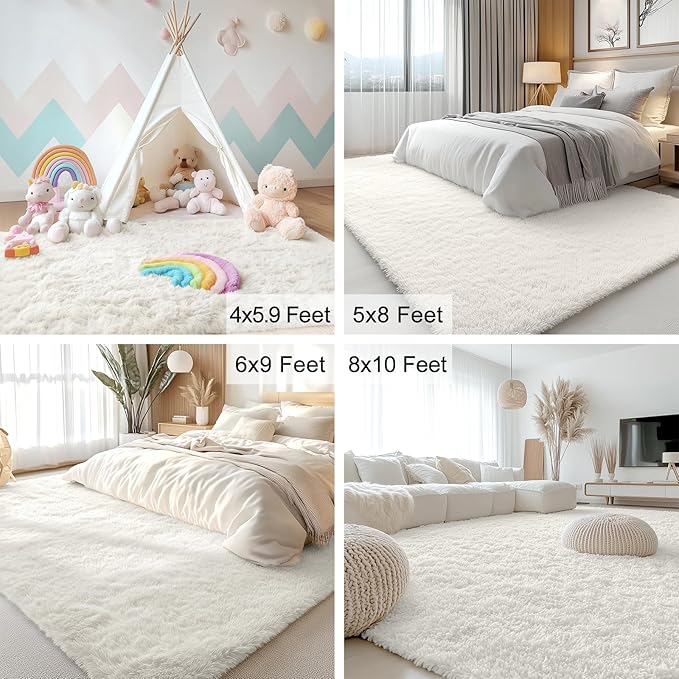OLANLY 4x8 Area Rugs for Living Room Bedroom, Machine Washable Soft Fluffy Shaggy Bedside Rug, Indoor Floor Carpet for Kids Girls and Boys, Dorms, Nursery Rooms, Home Decor Aesthetic, Ivory