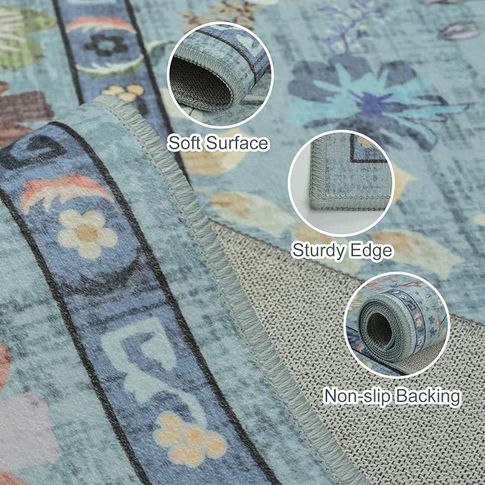 Vasofe 8x10 Area Rug for Living Room, Washable Rugs for Bedroom Room, Dining Room, Vintage Floral Indoor Non Slip Carpet Farmhouse Blue Throw Carpets Soft Low Pile Mat for Classroom Playroom