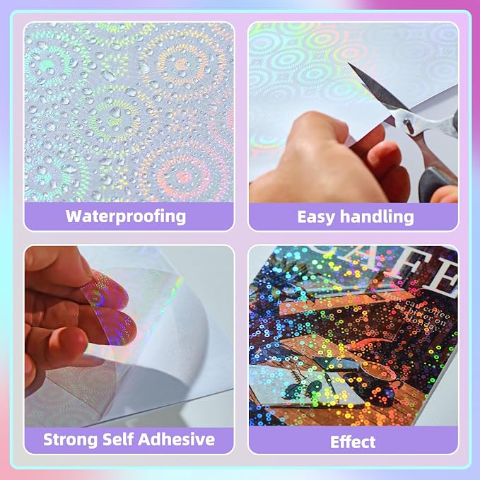 36 Sheets Holographic Laminate Sheets 8.5x11 Inch Self Adhesive 6 Patterns | Clear Waterproof Holographic Vinyl Laminate Film Overlay Lamination for Sticker Paper, Photos, Crafts, Scrapbooking
