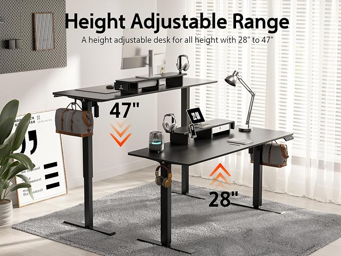 WALKINGDESK 63x24 Inches Electric Standing Desk with Drawer and Monitor Stand, Height Adjustable Sit to Stand up Desk for Home Office, Ergonomic Computer Table with Phone Holder, 3 Hooks, Black