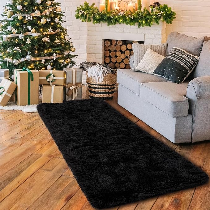 HOMORE Runner Rug 2x6 Black Rug for Bedroom, Fluffy Runner Rugs for Hallway Living Room, Non Slip Rugs for Indoor Entrance Memory Foam Carpet for Kids Room Dorm