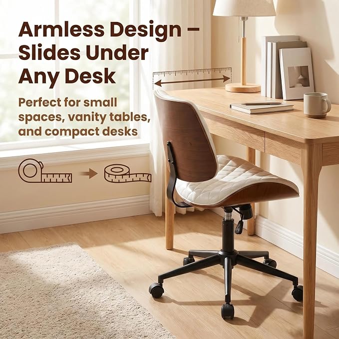 Furnimart Wooden Armless Desk Chair with Wheels, 360° Swivel Faux Leather Vanity Chair for Bedroom, Small Office Computer Task Chair for Home & Compact Spaces (PU White)