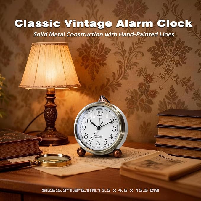 AYRELY® 5.3" Vintage Metal Analog Alarm Clock, Retro Desk and Table Clock | Antique Battery Operated Clock with Light, Elegant Bedside Gift for Bedrooms, Living Rooms, Shellf and Home Decor (Gold)