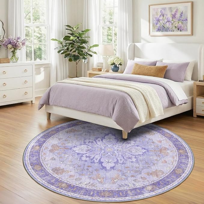 RELEANY Area Rugs Round 7ft Washable Non-Slip, Floral Vintage Distress Medallion Carpet for Living Room Bedroom Dining Room, Light Purple Brown
