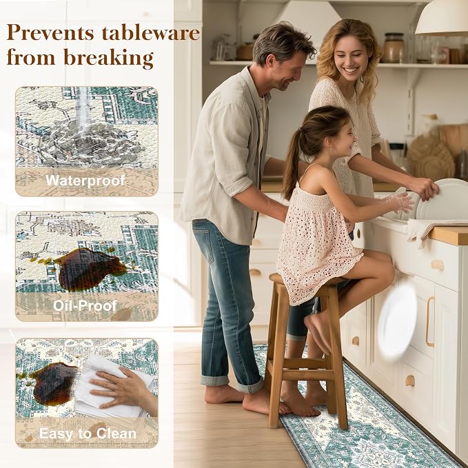 Boho Kitchen Mats for Floor 2 Piece Set Anti Fatigue Cushioned PVC Kitchen Rugs Non Slip Waterproof Farmhouse Mats 2/5 Inch Comfort Standing Mat for Sink, Laundry, 17.3"x47"+17.3"x28", Blue Green