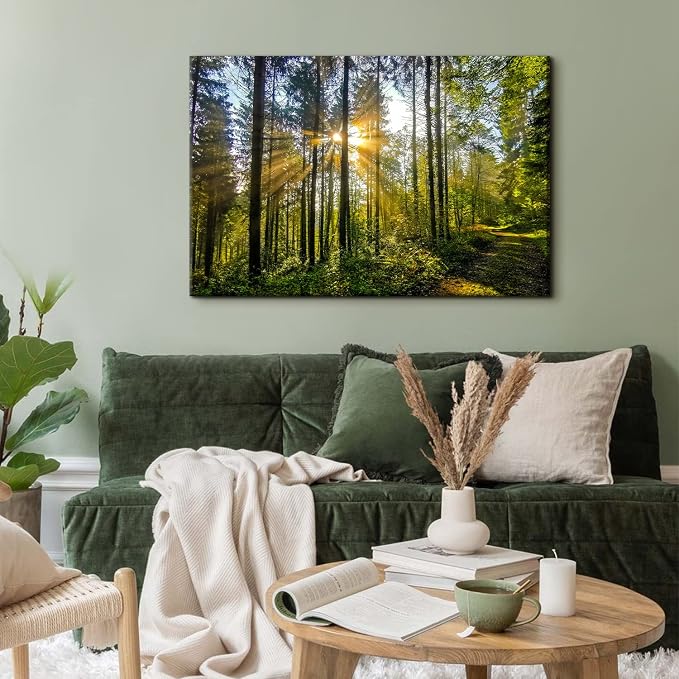 Large Forest Landscape Wall Art for Living Room Nature Sunrise Picture Wall Decor Mountain Trees Scenery Canvas Painting Photo Modern Poster Framed Artwork Bedroom Office Home Decorations 32x48”