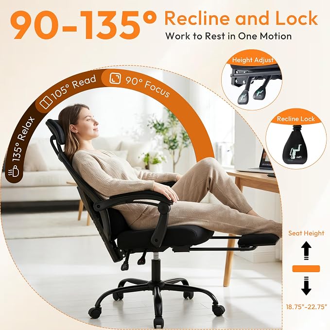 Desk Chair with Foot Rest, High-Back Mesh Office Chair, Classic Black | Reclining Gaming Chair with Headrest and Adjustable Lumbar Support, 90°-130° Reclining, for Home Office and Gaming
