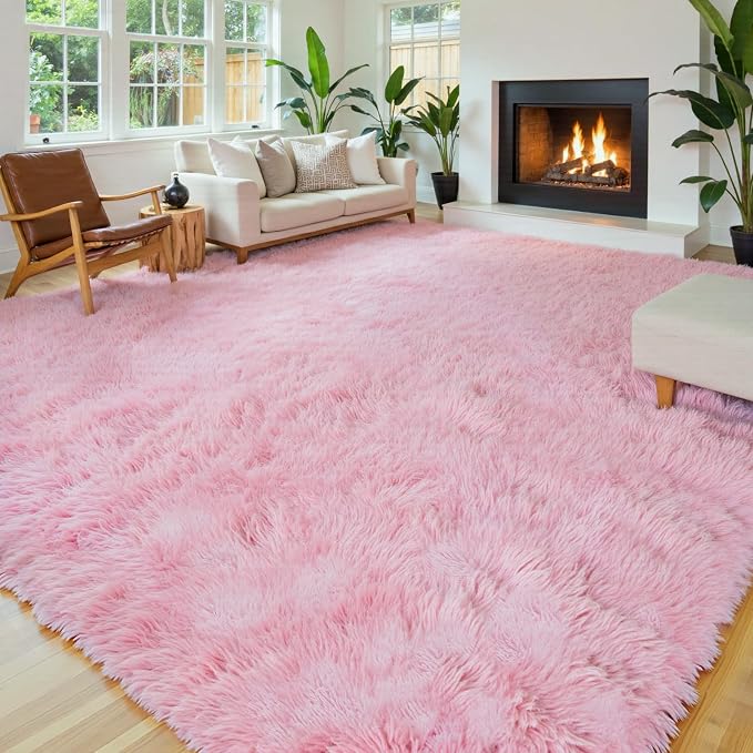 Area Rugs 9x12 Living Room,Large Area Rug Shaggy Carpet Soft Plush Furry Bedside Rug, Machine Washable Area Rugs for Bedroom Home Decor Non-Slip(9 x 12, Pink)