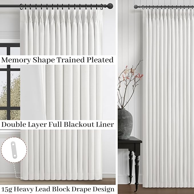 Pure White Blackout Dual Layer Thick Linen Curtains 86 Inches Long for Kids Bedroom, Memory Trained Pleated Insulated Noise Cancelling Country Viral Drapes for 84-86 Inch Length Window Panels of 2