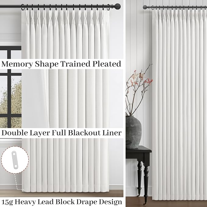 Pinch Pleated Drapes 2 Panel Set Blackout Curtains 90 Inches Long for Kids Room, Petty Faux Linen Memory Trained Pleat Pure White Curtain with Hooks Rings Heat Blocking Nursery Window Burg 40"W x 90"L