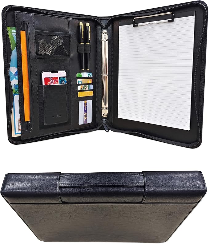 Faux Leather 3 Ring Portfolio Binder With Handle, Business Padfolio for Men & Women, Zippered Document Organizer for Home & Office Use, Including Clipboard, Notepad and Sheet Protectors (Black)