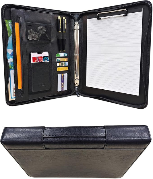 Faux Leather 3 Ring Portfolio Binder With Handle, Business Padfolio for Men & Women, Zippered Document Organizer for Home & Office Use, Including Clipboard, Notepad and Sheet Protectors (Black)
