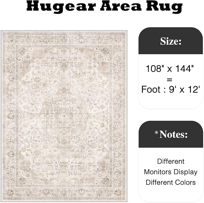HUGEAR Area Rug 9x12 Vintage Beige Machine Washable Living Room Rugs Thin Neutral Floral Vacuumable Low Pile Carpet Bedroom Office Dining Room Laundry Room Non Slip Soft Lightweight