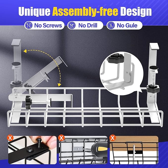 Under Desk Cable Management Tray, Xpatee Upgraded Wire Management No Drill No Screws, Cable Tray with Clamp for Wire Organizers, Computer Cord Rack for Office, Home - No Damage to Desk White
