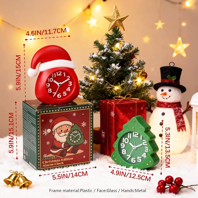 AYRELY® Christmas Alarm Clock Gift Set, 2 Silent Analog Clocks | Santa Hat & Christmas Tree Designs, Ready-to-Gift Holiday Edition for Kids & Family with Festive Gift Box