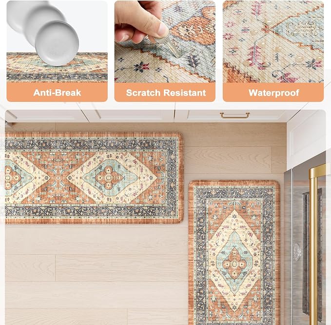 KIMODE Anti Fatigue Kitchen Mat for Floor, Boho Orange Kitchen Rugs Sets of 2, Cushioned Kitchen Floor Mats, Fall Kitchen Rugs Non Slip for Halloween Sink Laundry Desk Home 17"x47"+17"x29"