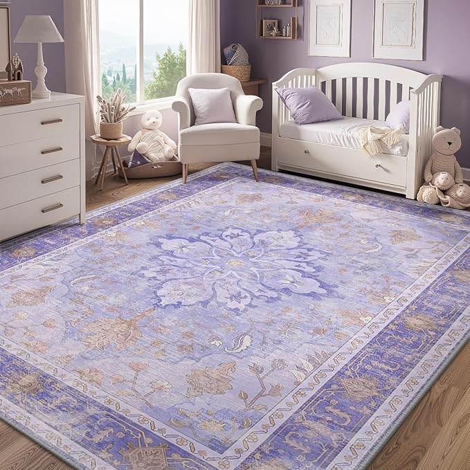 RELEANY Area Rugs 4'x6' Washable Non-Slip, Floral Vintage Distress Medallion Carpet for Living Room Bedroom Dining Room, Light Purple Brown
