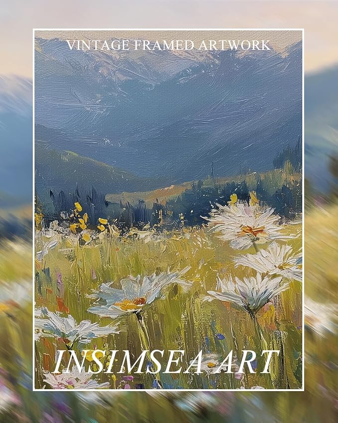 InSimSea Extra Large Framed Vintage Wall Art, Living Room Country Farmhouse Decor, Alpine Meadow Wildflowers Landscape Canvas Prints, Scenery Long Picture for Bedroom Above of Bed,20x40inch