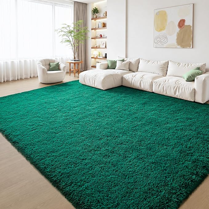 Zentavio Dark Green Area Rugs for Living Room Emerald Green Rugs for Bedroom 9x12 Fluffy Fake Grass Large Carpet for Kids Room Playroom Furry Shag Aesthetic Soft High Pile Washable Home Decor