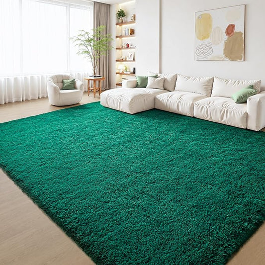 Zentavio Dark Green Area Rugs for Living Room Emerald Green Rugs for Bedroom 8x10 Fluffy Fake Grass Large Carpet for Kids Room Playroom Furry Shag Aesthetic Soft High Pile Washable Home Decor