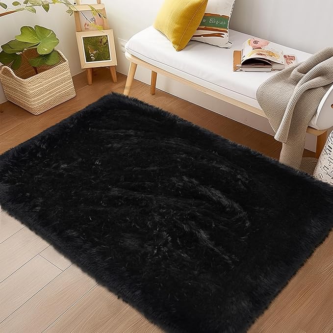 Awaytail Fluffy Rug Washable 2x3 Feet, Pure Black Desk Chair Rug Non-Slip, Super Soft Kids Rug for Boys Nursery Dorm Decor