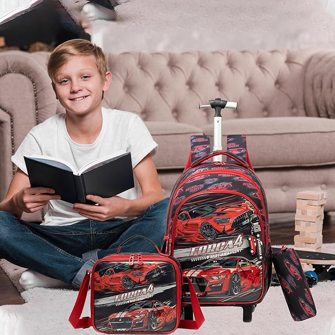 Boys Rolling Backpack for School Backpack with Wheels for Kids Roller Backpacks for Kids Backpacks with Lunch Box Pencil Case for Elementary Back to School Supplies