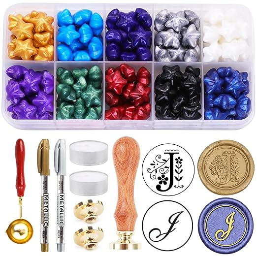 Wax Seal Stamp Kits, 200pcs Assorted Beads and 2pcs Initial Alphabet J Wax Seal Stamp for Wedding Invitations Gift Wraps Envelopes and Christmas Cards (Alphabet J Kit)