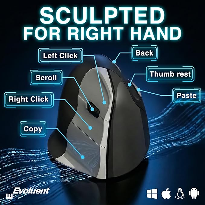 Evoluent – The World's Original Vertical Mouse – VMC Classic Wireless USB/Bluetooth Ergonomic Mouse Right Hand M-L, Sculpted Comfort, 4 Speeds, Non-Programmable Copy & Paste Buttons