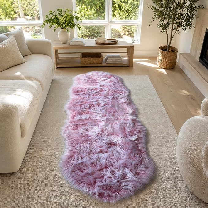 EasyJoy Faux Sheepskin Rug, Fluffy Faux Fur Rug, Ultra Soft Shag Area Rug with Non-Slip Backing for Bedroom, Living Room, Nursery, Kids Room(2 x 6 ft Sheepskin, Frosted Bottom Pink)