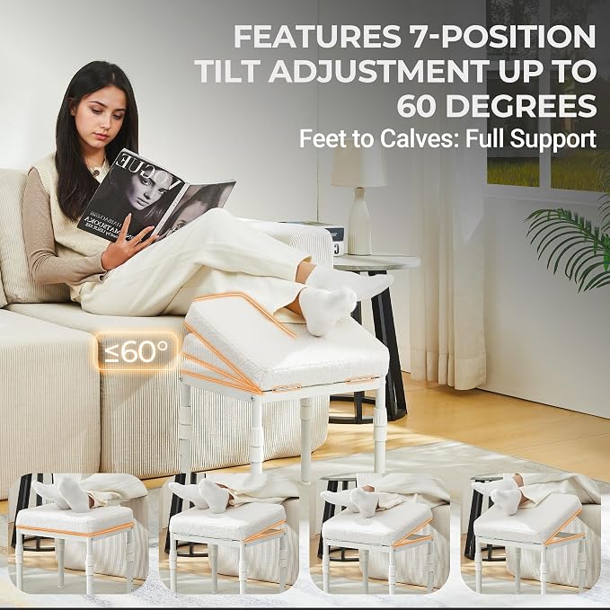 TIOPGHAD Adjustable Ottoman Pouf Footrest, 60 Degree Tilt, Beige Fleece | 4-Height, 28 Positions, Iron frame, Foam Cushion, 15.74 x 11.81 x 13.34 in, Under Desk, Living room, Home Office