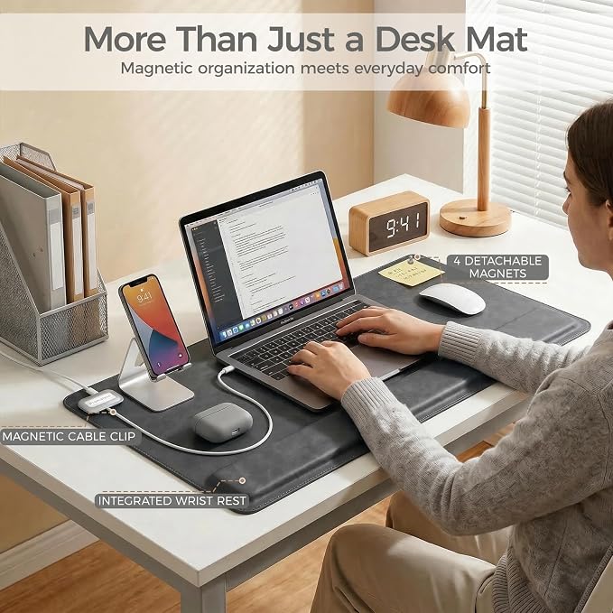 Magnetic Desk Mat System with Wrist Support 80×40cm, Premium Leather Desk Pad with Magnetic Accessories, Waterproof Non-Slip Desk Organizer for Office & Gaming